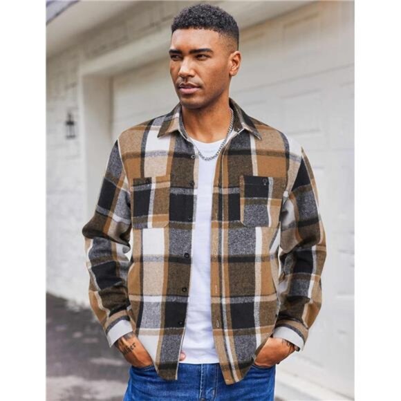 Men's Flannel Shirts Long Sleeve Plaid Button Down Black Khaki - Picture 5 of 5